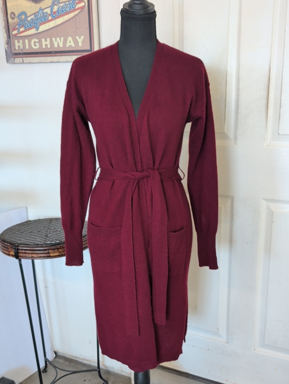 100% Cashmere Charter Club Luxury Open Front Cardigan Burgundy PS